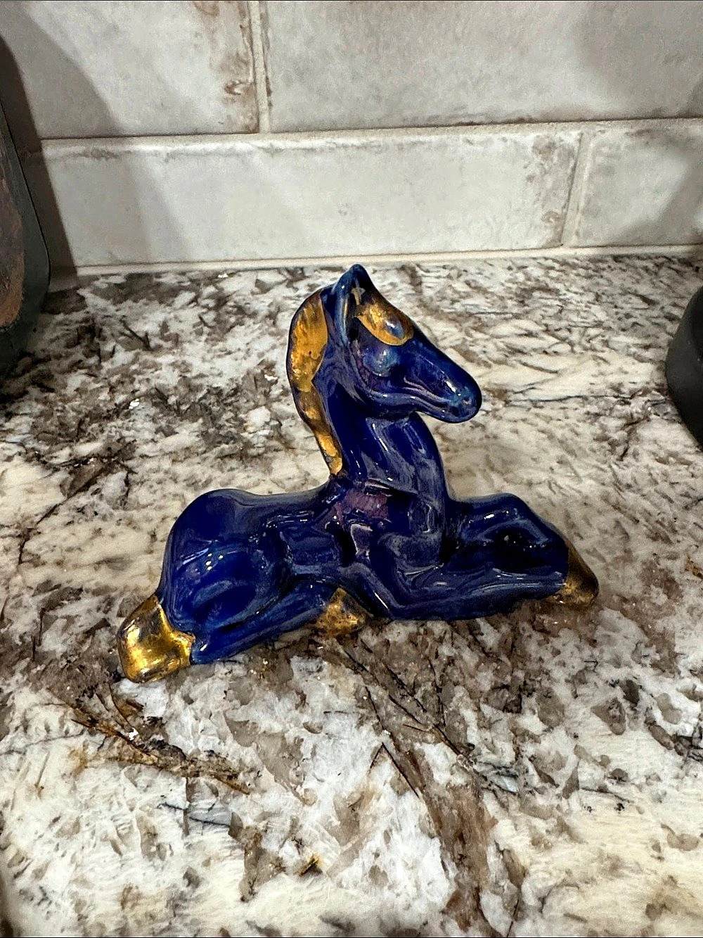 Cobalt Blue & Gold Ceramic Horse Sculpture